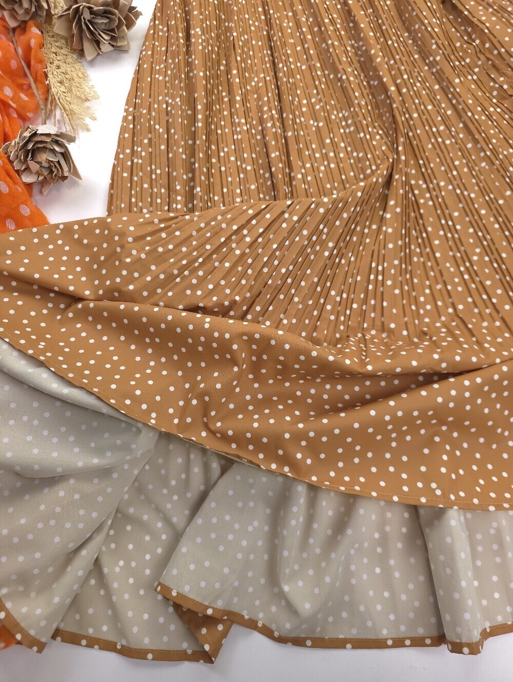 Pleated Polka Dot Midi Skirt - Brown Sz M - Picture 7 of 13